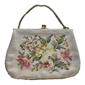 Vintage Needlepoint Floral Handbag Chain Handle Satin Lining
